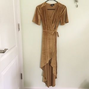 Golden yellow velvet wrap dress